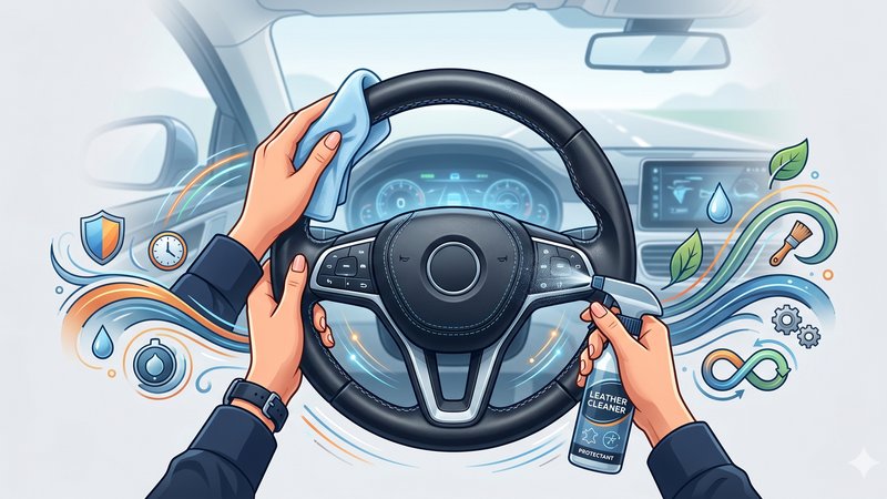 Крупный план кожаного руля автомобиля в современном стиле для статьи об уходе за аксессуарами