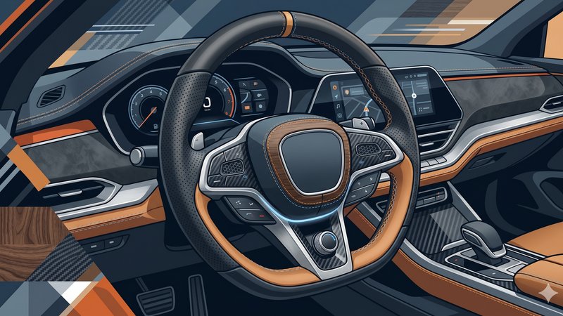Современный кожаный чехол на руль автомобиля в минималистичном стиле для статьи о трендах 2026 года