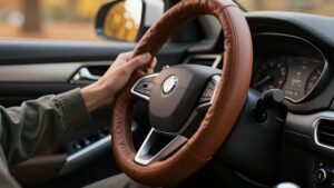 Руки водителя на руле в коричневом кожаном чехле Autocrat-Tuning при подготовке автомобиля к осени